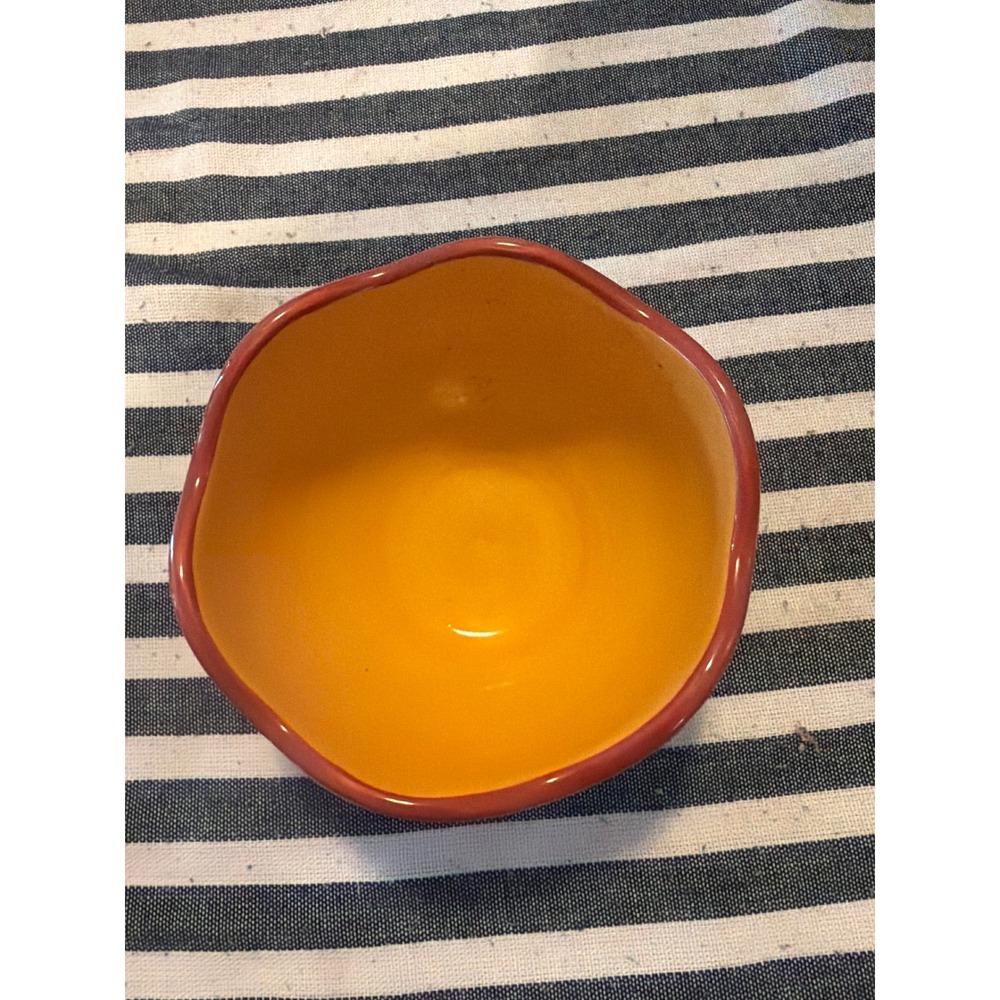 GP Hand Painted Striped Ceramic Small Bowl Orange Red Brown 4.5 Inch Artisan